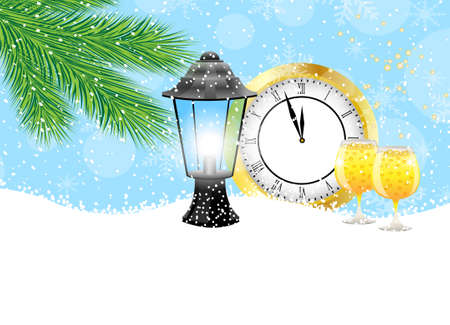 clock, lantern and champagne with the branches of fir-tree on to snow,  vector  illustrationのイラスト素材