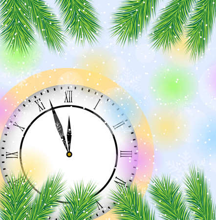 clock and branches of tree on a christmas background,  vector  illustrationのイラスト素材