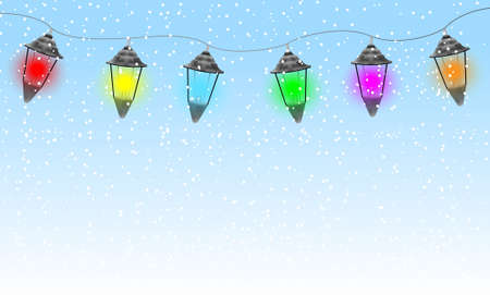 festive garland with varicoloured lanterns, vector  illustrationのイラスト素材