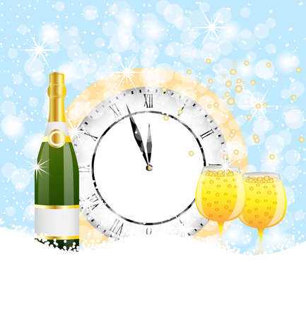 clock, bottle and two glasses of champagne on to snow,vector illustrationのイラスト素材
