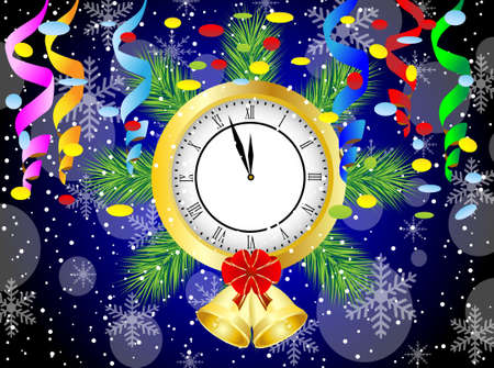 clock with green branches, campanellis and serpentine,  vector  illustrationのイラスト素材