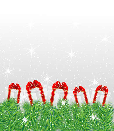 boxes with gifts on the green branches of christmas tree,  vector  illustrationのイラスト素材