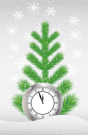 green tree and clock on to snow,  vector  illustrationのイラスト素材