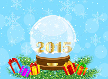 glass festive ball with numbers 2015 year and by gifts,vector illustrationのイラスト素材