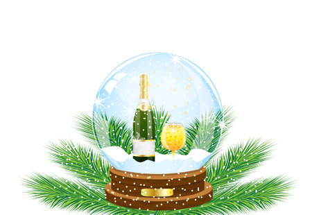 festive ball with a bottle and glass of champagne inwardly,vector illustrationのイラスト素材