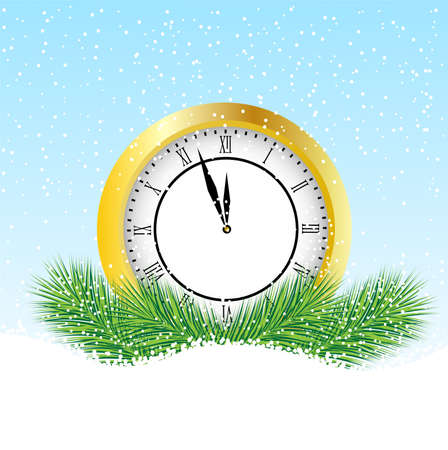 clock with the branches of fir-tree on to snow,  vector  illustrationのイラスト素材