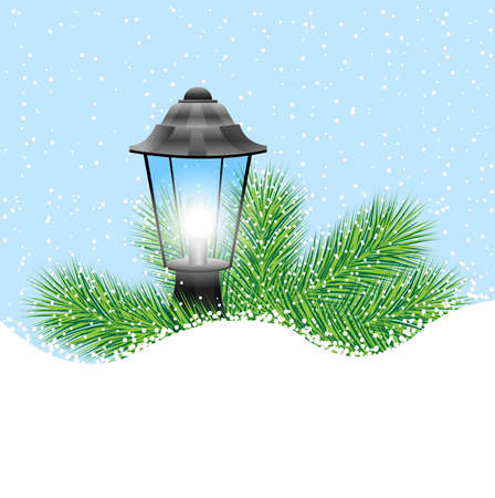 lantern with the branches of fir-tree on to snow,  vector  illustrationのイラスト素材