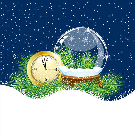 glass ball and clock with the branches of fir-tree on to snow,  vector  illustrationのイラスト素材