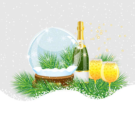 glass ball and champagne with the branches of fir-tree on to snow,  vector  illustrationのイラスト素材