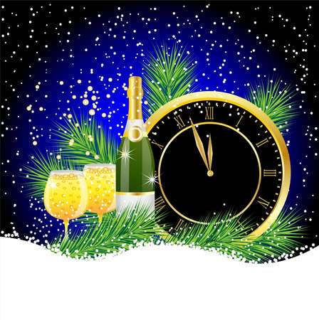 clock and champagne with the branches of fir-tree on to snowのイラスト素材