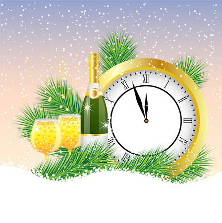 clock and champagne with the branches of fir-tree on to snow,  vector  illustrationのイラスト素材
