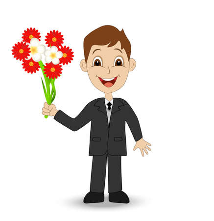 cheerful boy with a bouquet of flowers on white background,vector illustrationのイラスト素材