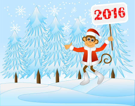 The monkey with the tablet of 2016 runs on a winter wood,  vector illustrationのイラスト素材