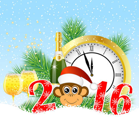Christmas card with the numbers the year 2016,  clock and  champagne, vector illustrationのイラスト素材