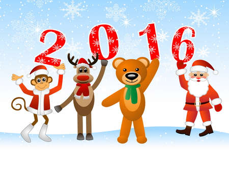 Monkey, deer, bear and Santa Claus holding numbers 2016, vector illustrationのイラスト素材