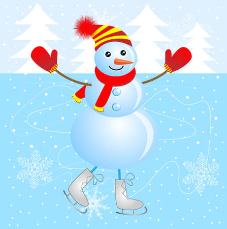 Cheerful snowman skating on ice, vector illustrationのイラスト素材