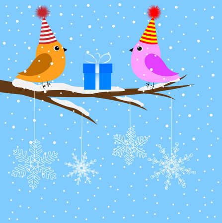 Two birds sitting on a branch of a tree, vector illustrationのイラスト素材