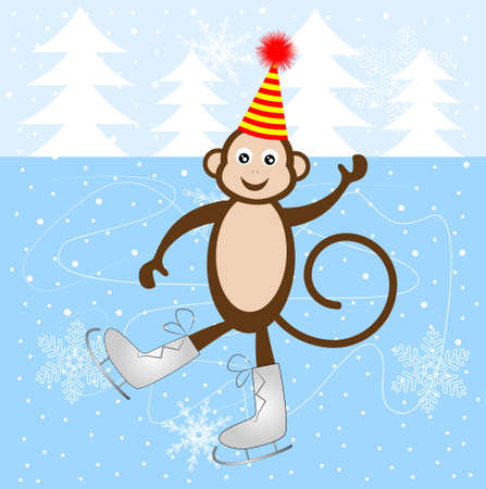 Cheerful monkey skate on the ice, vector illustrationのイラスト素材