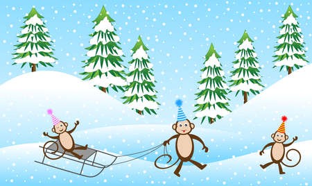 Three cheerful monkey sledding in the winter forest, vector illustrationのイラスト素材