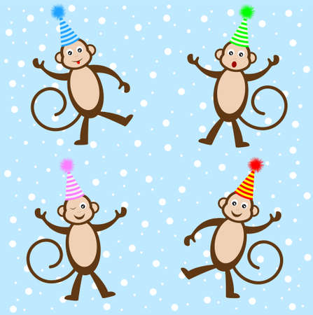 Four funny monkeys in festive hats, vector illustrationのイラスト素材