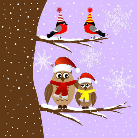 Owls and bullfinch sitting on a tree branch, vector illustrationのイラスト素材
