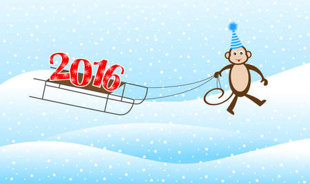 Funny monkey on a sled driven by numbers 2016, vector illustrationのイラスト素材