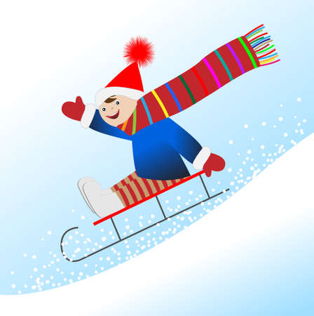 Cheerful boy is rolling on a sledge from the mountain, vector illustrationのイラスト素材
