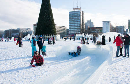 PERM, Russia, February, 06.2016: Icy new year's town on the Esplanade,  Lenina Streetのeditorial素材