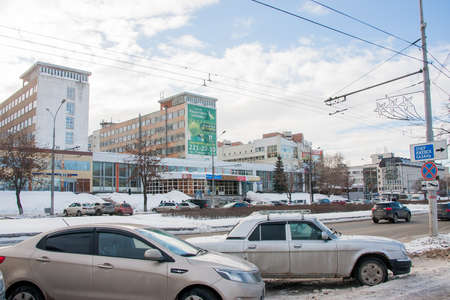 PERM, Russia, February, 06.2016: car parking on Lenin Streetのeditorial素材