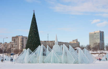 PERM, Russia, February, 06.2016: Icy new year's town on the Esplanade,  Lenina Streetのeditorial素材