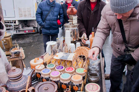 PERM, RUSSIA - March 13, 2016: The range of tea and a samovar, a celebration of Carnival