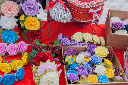 PERM, RUSSIA - March 13, 2016: A beautiful decoration with colorful roses in celebration of Maslenitsaのeditorial素材