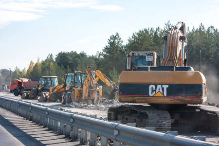 Perm, Russia - September 24.2016: Repair works and the warning signs on the roadのeditorial素材