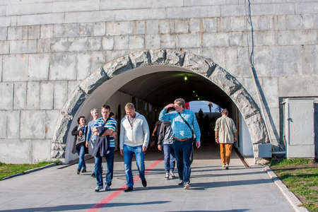 Yekaterinburg, Russia - September 24.2016: People come out of the underpass on the embankment of the riverのeditorial素材