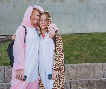 Tyumen, Russia - October 01.2016: Two young women in costumes poseのeditorial素材