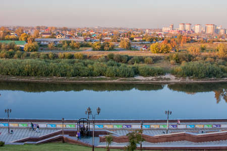 Tyumen, Russia - October 01.2016: Beautiful landscape at sunset in the evening, University embankment riverのeditorial素材