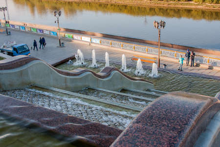 Tyumen, Russia - October 01.2016:  Cascade fountain on quay of the riverのeditorial素材