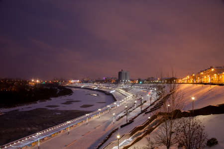 Tyumen, Russia - November 05.2016: Winter night landscape from University quay of the riverのeditorial素材