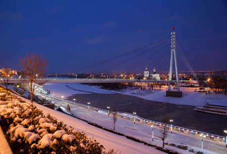 Tyumen, Russia - November 05.2016: Winter night landscape with a bridge Lovers and embankment riverのeditorial素材