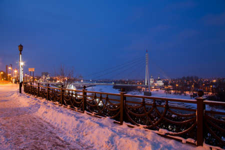 Tyumen, Russia - November 05.2016: Winter night landscape with a bridge Lovers and embankment riverのeditorial素材