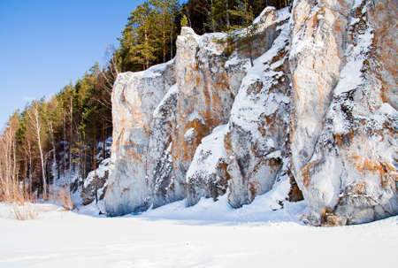 Winter landscape on the river Chusovoy with beautiful rocks, Sverdlovsk region, Russia
