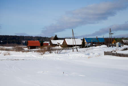 Winter rural landscape on the river Chusovoy in the village of Sloboda, Sverdlovsk region, Russiaの写真素材