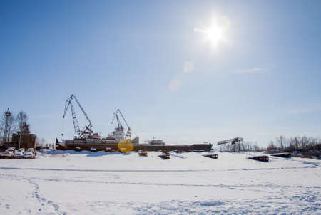 Perm, Russia - March 11.2017: Shipyard in the backwater of the Kama river in winterのeditorial素材