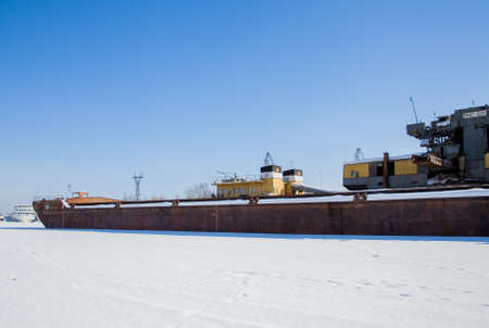 Perm, Russia - March 11.2017: Shipyard in the backwater of the Kama river in winterのeditorial素材