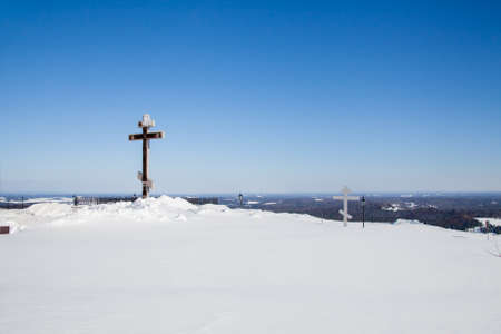 Perm, Russia - March 08.2017: Royal Cross on White Mountain near Belogorsky St. Nicholas Monasteryのeditorial素材