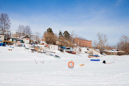 Perm, Russia - March 11.2017: Yacht club in the winter in the backwater of the frozen river Kamaのeditorial素材