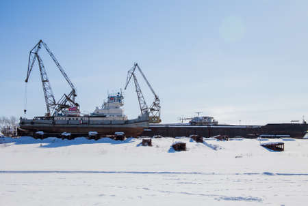 Perm, Russia - March 11.2017: Shipyard in the backwater of the Kama river in winterのeditorial素材