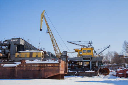 Perm, Russia - March 11.2017: Shipyard in the backwater of the Kama river in winterのeditorial素材
