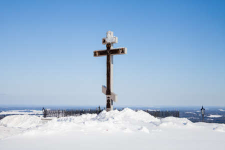 Perm, Russia - March 08.2017: Royal Cross on White Mountain near Belogorsky St. Nicholas Monasteryのeditorial素材