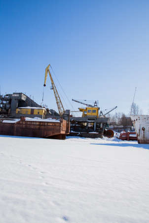 Perm, Russia - March 11.2017: Shipyard in the backwater of the Kama river in winterのeditorial素材
